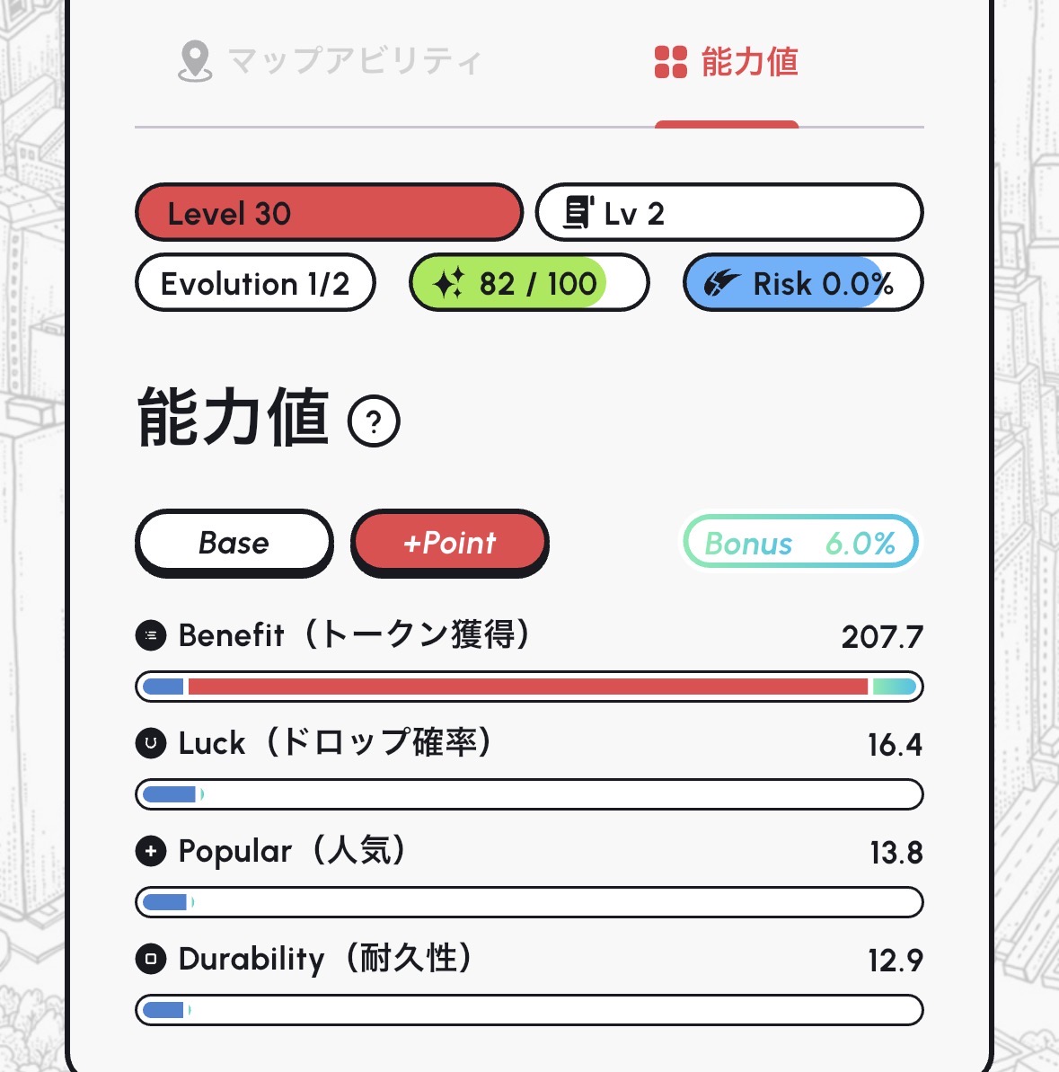 HEALTHREE 服の能力値(Level 30, Benefit 207.7, Luck 16.4)